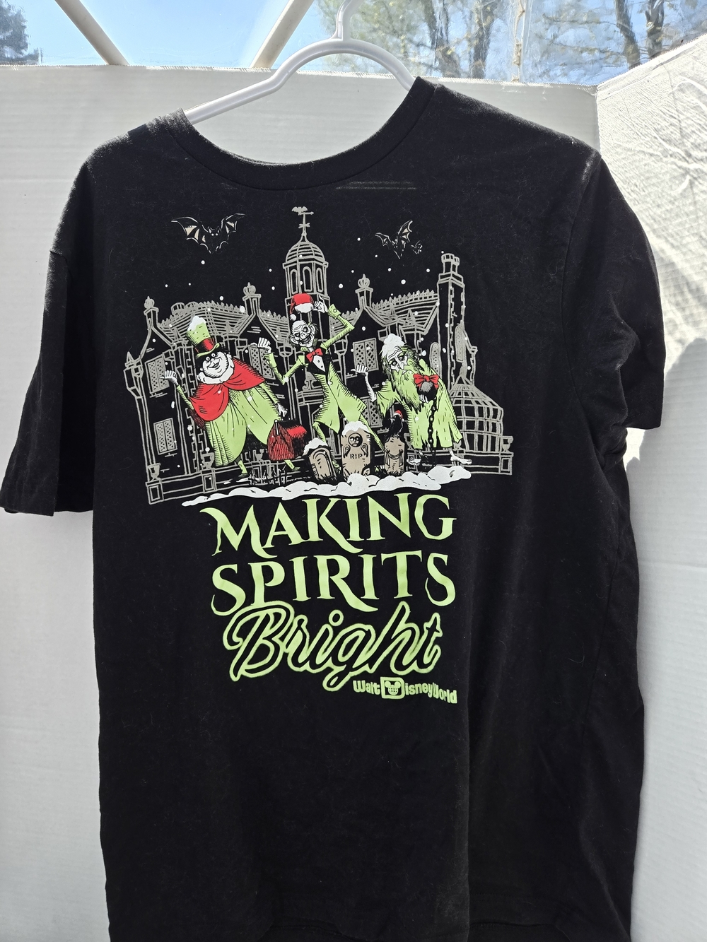 Disney Black Haunted Mansion Skull Graphic Tee with Neon Accents